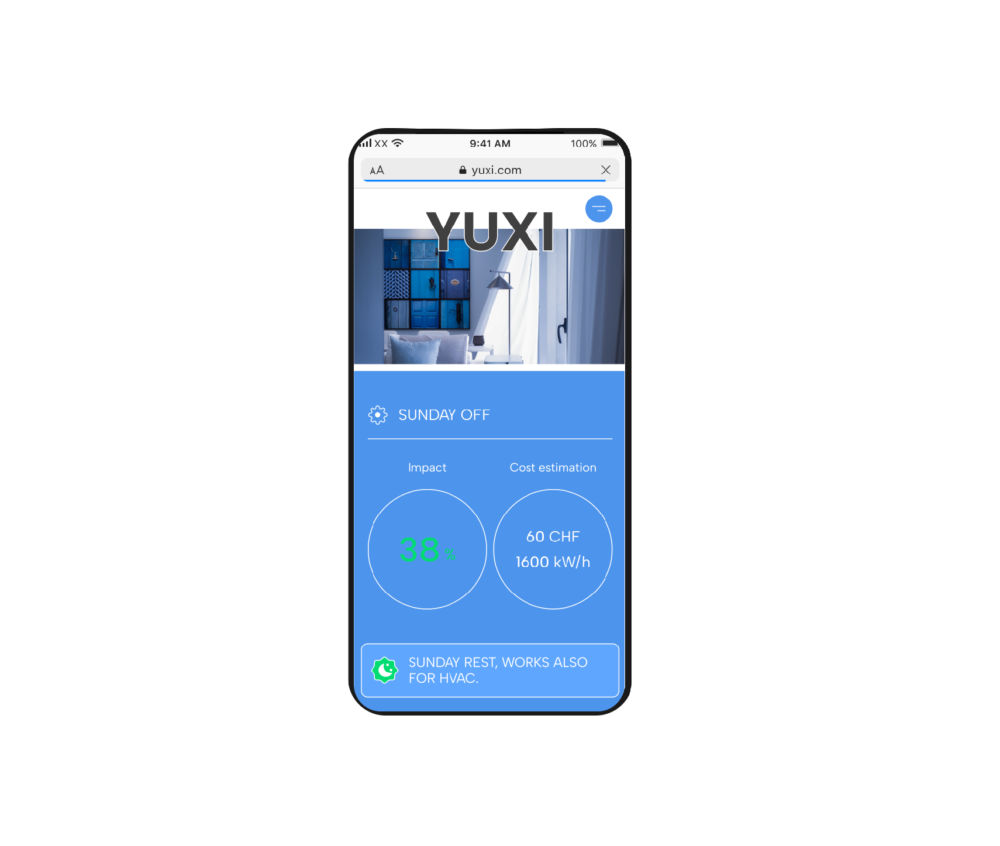 Yuxi is you everyday companion to reach your ESG goals.

Our solution offers you specific recommendations to improve energy efficiency, indoor comfort and maintenance costs. All based on who you are and how you are using your buildings.